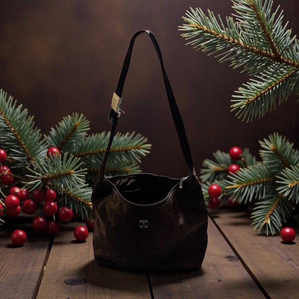 MCM Monogram Hobo Shoulder Bag Dark Brown Leather Trim